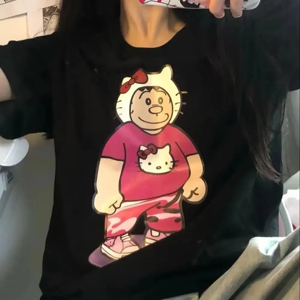 

Anime Hello Kitty Girls T-Shirt Kawaii Kt Sanrioed Cartoon Short Sleeve Summer Loose Lovers Student Personality Trend Fashion