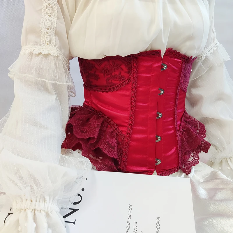 Short Steel Bones Floral Lace Underbust Corset Palace Princess Lolita Red