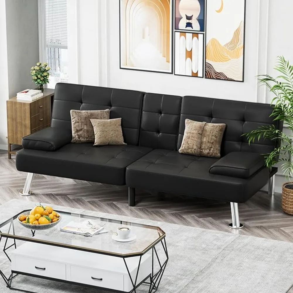 Sofá cama futón de cuero, sillón reclinable ajustable, brazos extraíbles y portavasos