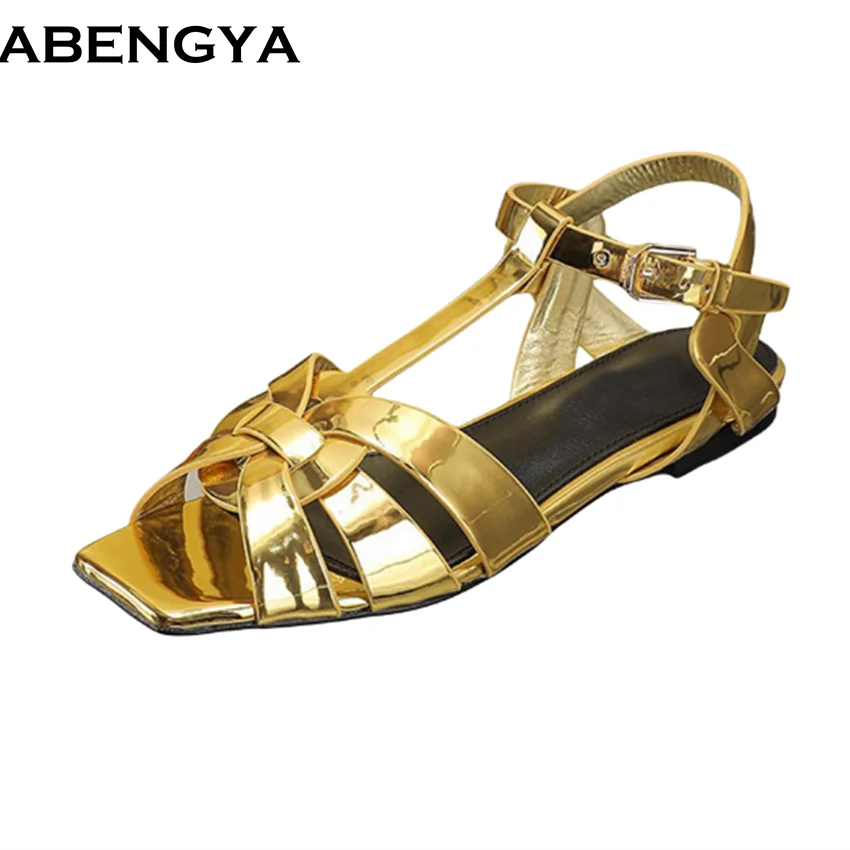 

New Summer Holiday Beach Sandals Women Square Toe Weave Leather Dress Shoes For Women Canday Color Flat Sandals Woman