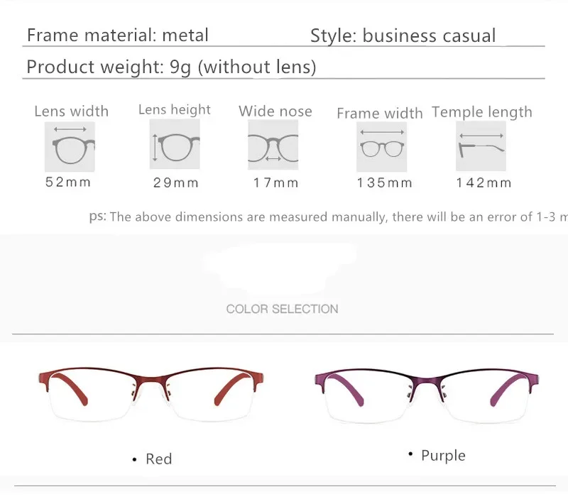 Óculos Half Frame Miopia para Homens e Mulheres, Luz Anti-Azul, Lentes Prescritas, Óculos Acabados, Senhoras,-1.0 a-4.0