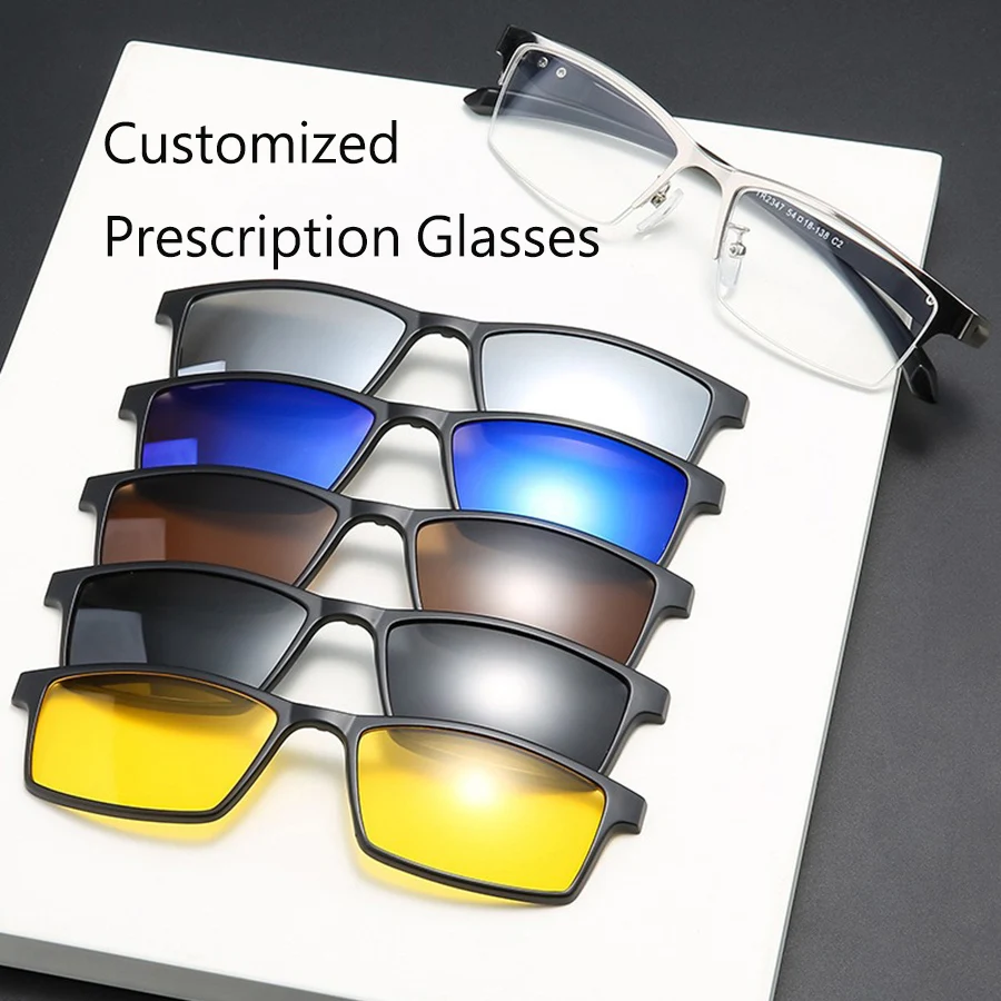 

6 In 1 Customize Prescription Glasses Men Women Anti-Blue Light Myopia Hyperopia With 5 PCS Clip On Polarized Sunglasses 2347