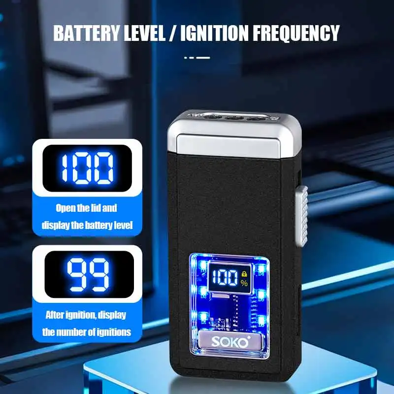 Triple Jet Flame Voice-activated Power Ignition Count Display Type-C Charging LED Cigar Torch Lighter