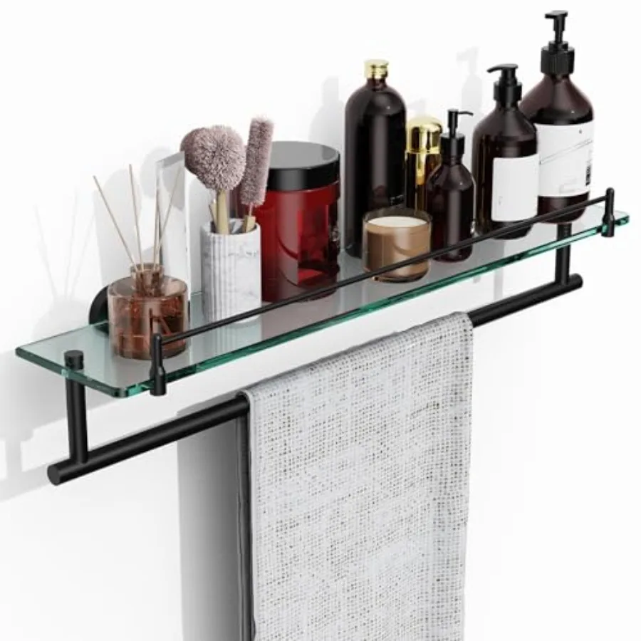 

Настенная вешалка для полотенец с полкой из закаленного стекла для ванной комнаты, 24 дюйма, матовый черный, нержавеющая сталь SUS304, защита от ржавчины