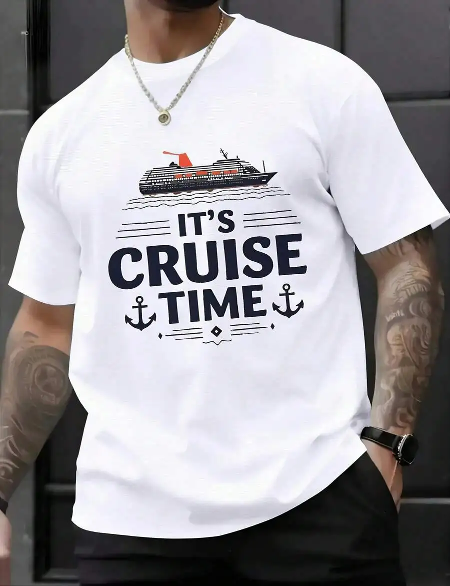1pc Man' Cruise Ship Anchor Print White TShirt Crew Neck Casual Cotton Tee Medium Stretch Knit Fabric Regular Fit For Boys Man P