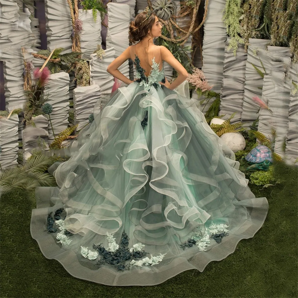 Eleganti abiti da ragazza di fiori con volant in Tulle senza maniche verde menta per abiti da prima comunione con applicazioni di pizzo principessa da sposa