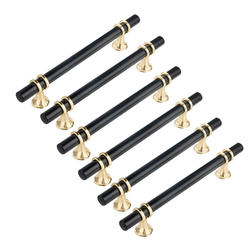 LUDA Cabinet Handles 6 Pack 96Mm Hole Centers Matte Black Euro T Bar Gold Base Drawer Pulls Cabinet Hardware For Kitchen Door