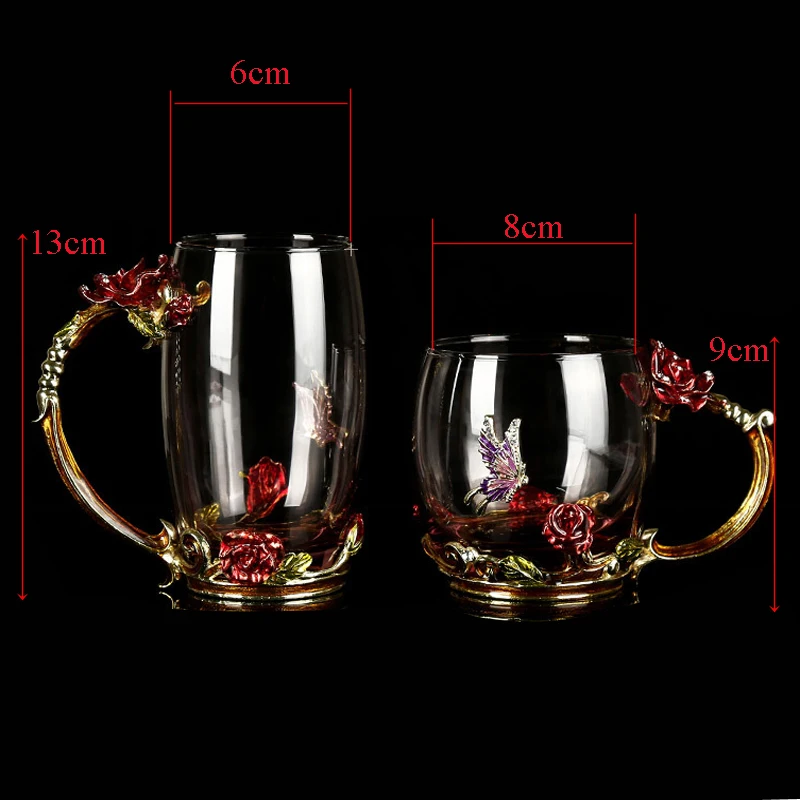 Vintage Rose Enamels Glass Cup Classical Crystal Flower Tea Set Coffee Cup Wine  Cup Gift