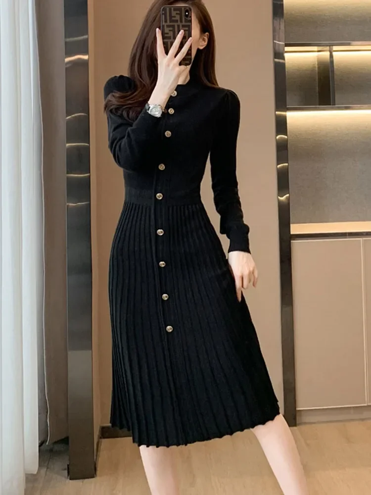 Fall Winter Solid Sweater Dress Fashion Retro O-neck Puff Sleeve Slim A-line Vestidos High Quality Single Breasted Knit Dress