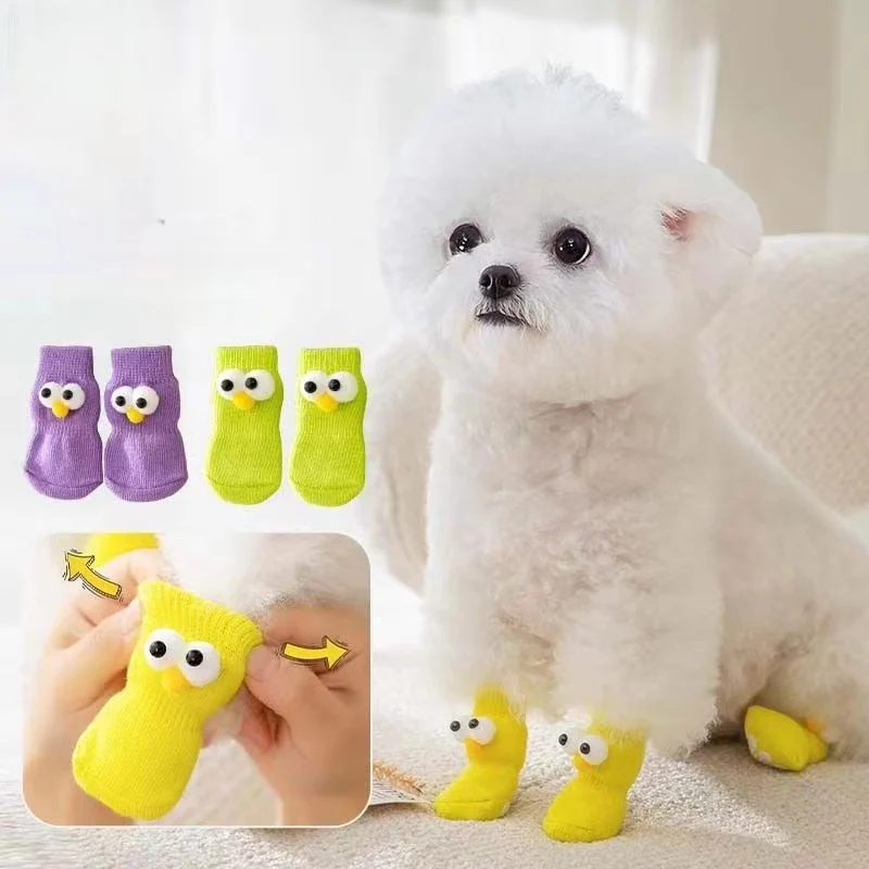 4Pcs Cute Big Eye Pet Dog Socks with Print Anti-Slip Cats Puppy Shoes Paw Protector Products for Small Dogs Teddy Chihuahua