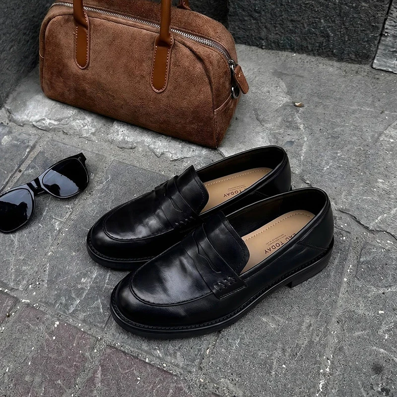 BEAUTODAY Penny Loafers Women Cow Leather Waxing Round Toe Slip-on Mid Heels Office Ladies Dress Flat Shoes Handmade 26268
