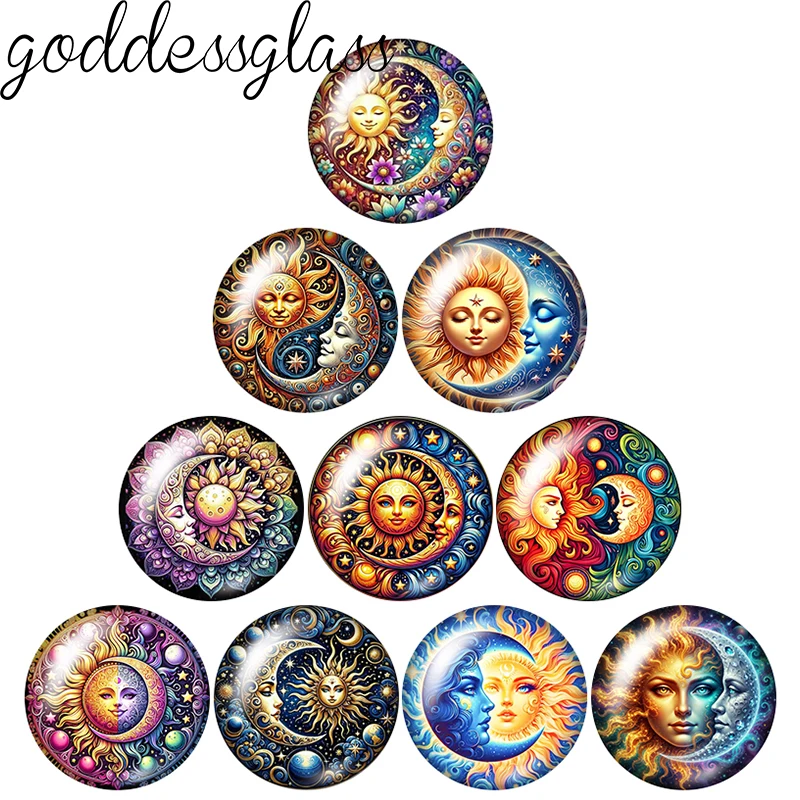 Mysterious Retro Sun Moon Face Stars Patterns 12mm/18mm/20mm/25mm Round Photo Glass Cabochon Flat Back Making Findings Jewelry