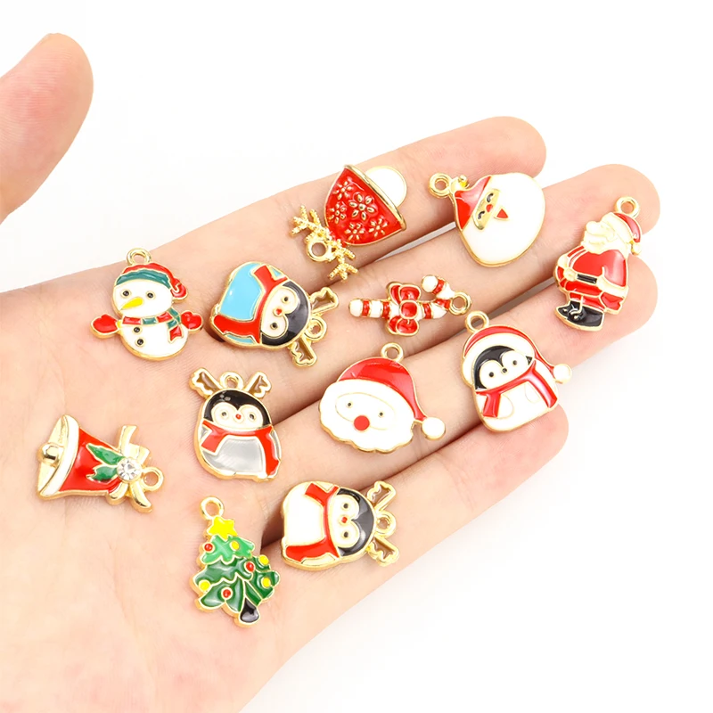 10pcs Mix Christmas series Enamel Charms Lovely Cartoon Christmas Tree Santa Claus Snowman Penguin DIY Jewelry Xmas Gift Pendant