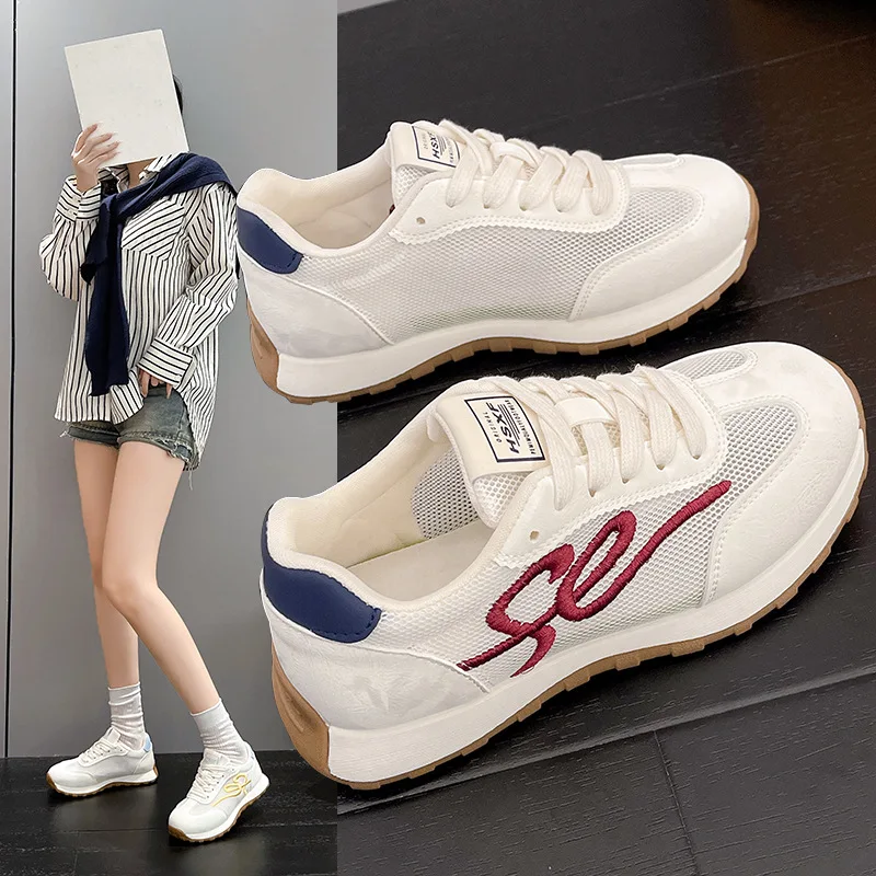 HKDQ Women's Sneakers Round Toe Flat Heel Casual Footwear Mesh-Look Upper Lace Up Daily Walking Fashion Athletic Style Shoes