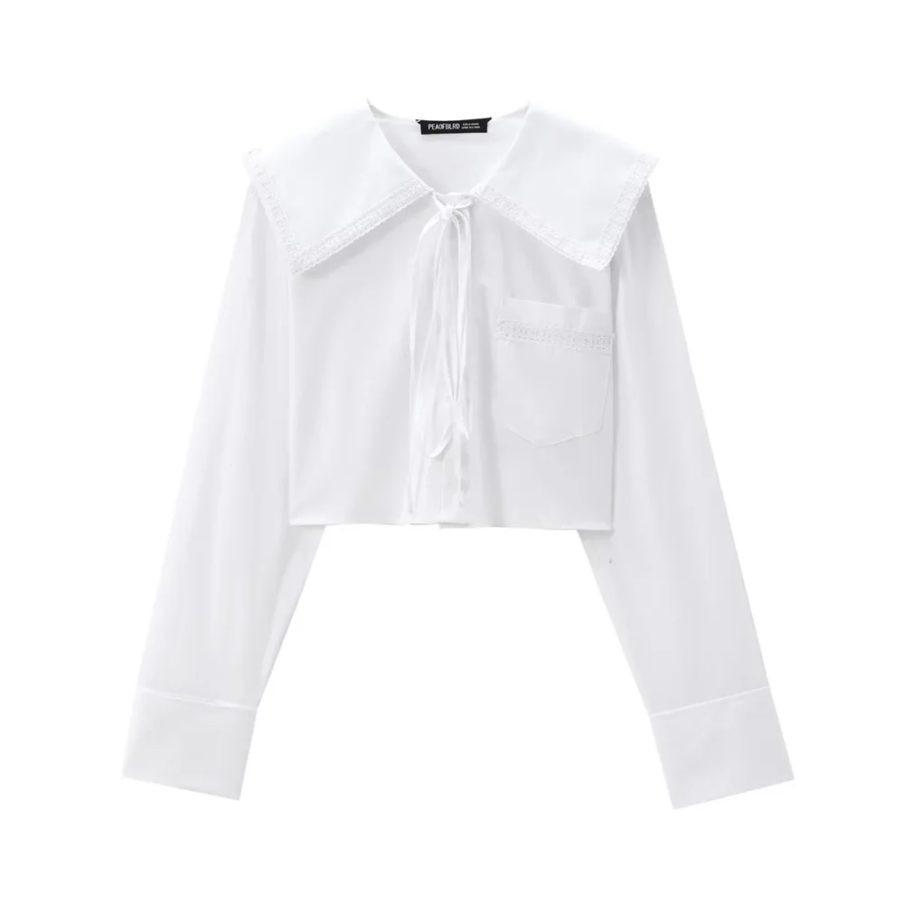 

Kar&Otza 2024 autumn new women's clothing sweet and fashionable lace lapel tie long sleeved short shirt
