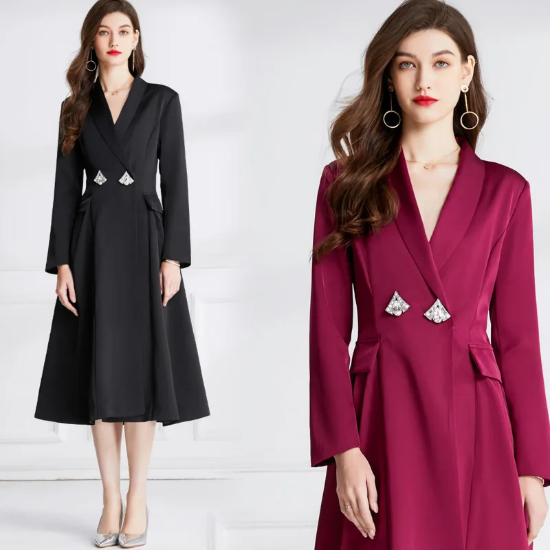 #2312 Black Red Blazer Dress Women High Waisted Vintage Midi Dress Ladies Slim A-line Split Joint Women Office Dress With Blazer