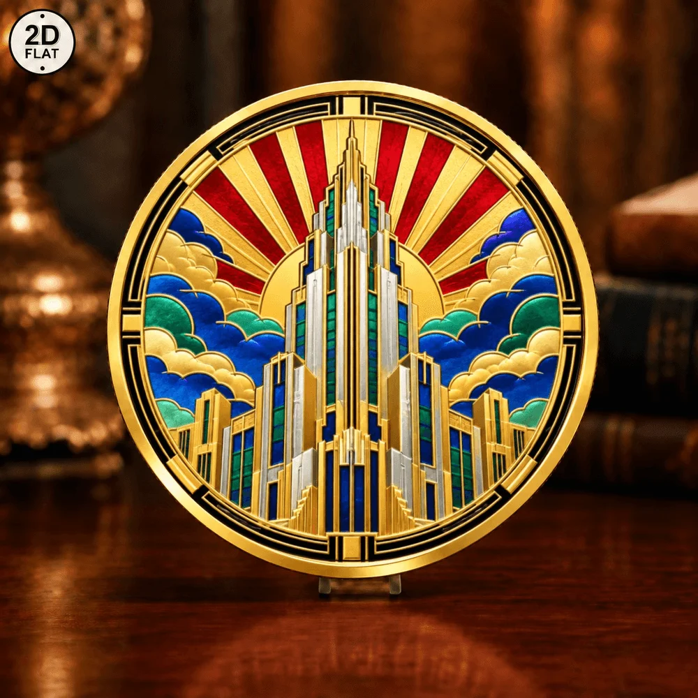 1pc Art Deco Sun Skyscraper Challenge Coin Color Print Vintage Geometric Architecture Commemorative Medal Gift for Art Lovers