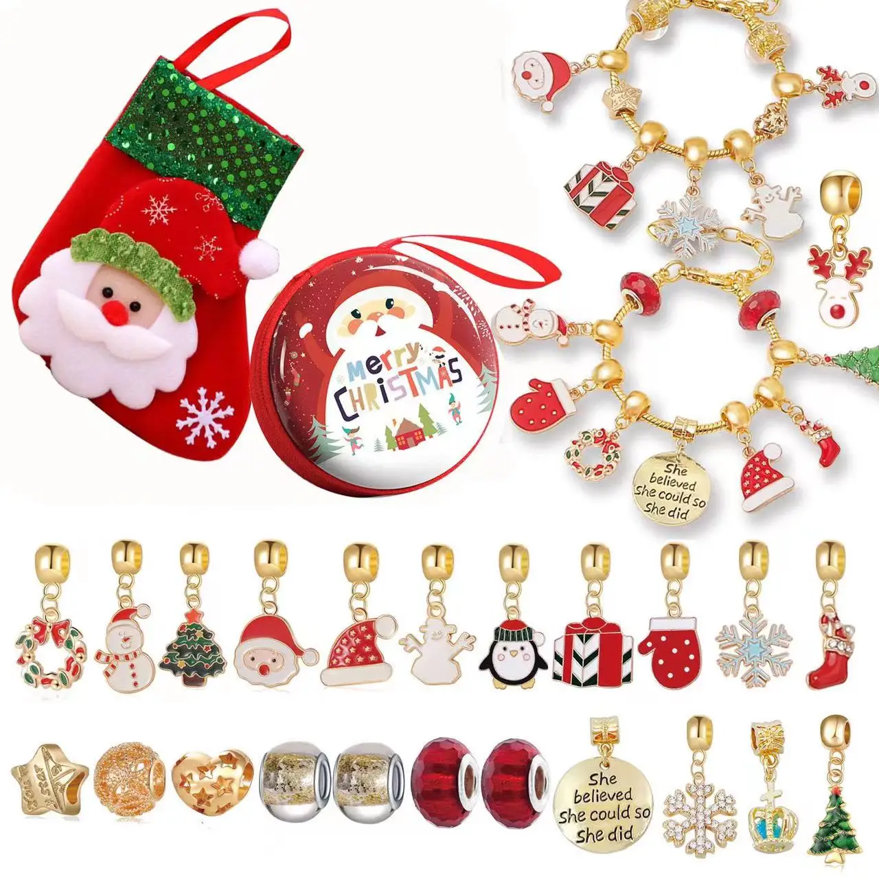 Gold department Christmas Stockings gift box set DIY beaded jewelry Advent Christmas bracelet gifts