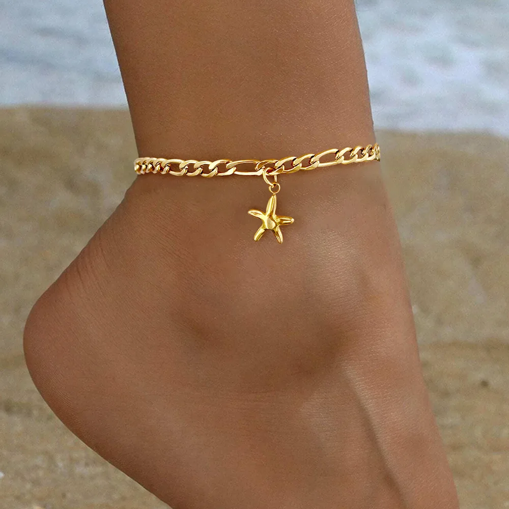 WG 1pc Fashion Punk Anklet Retro Unique Stainless Steel Five-Pointed Star Jewelry