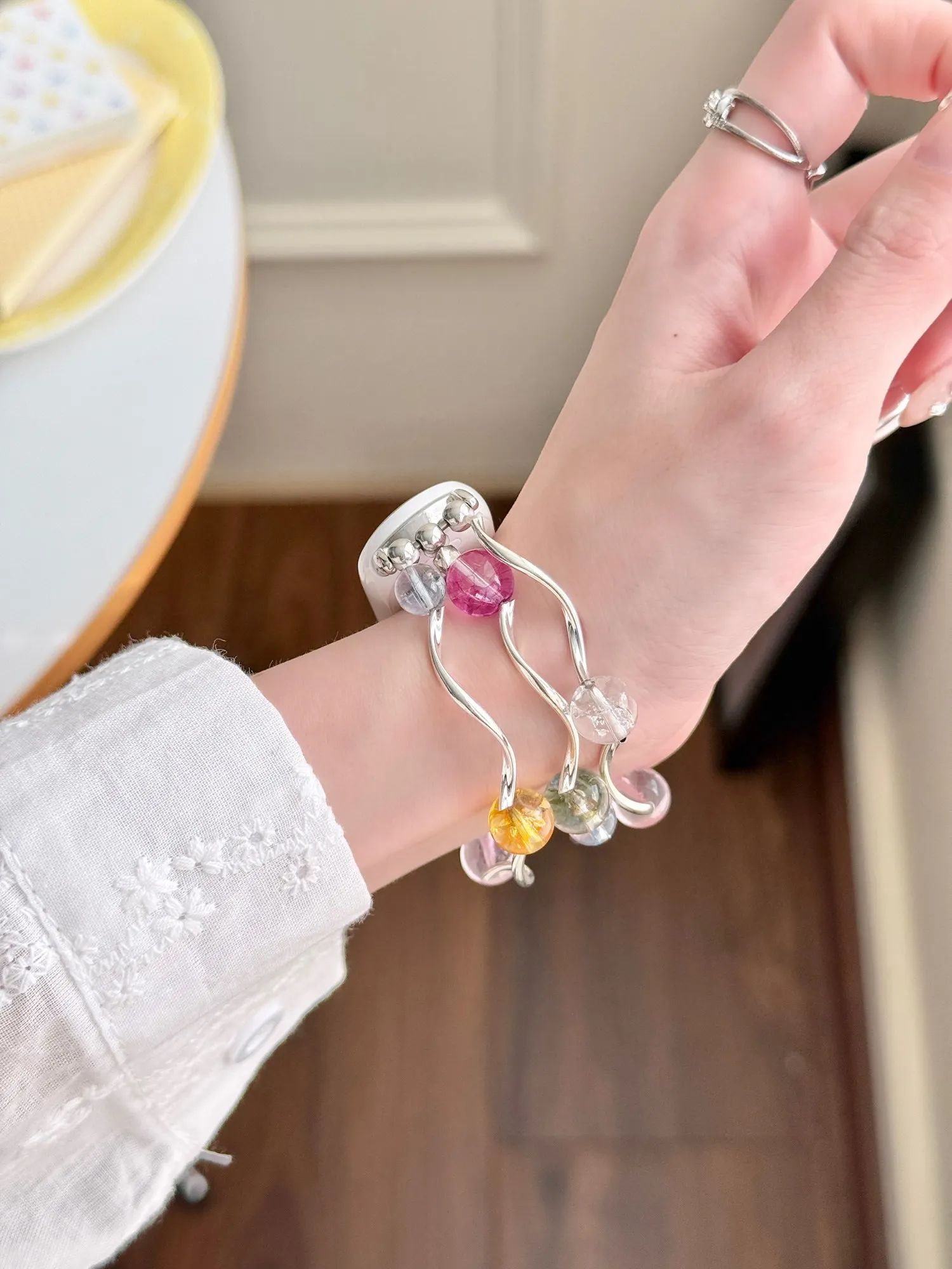 Fashion bead string elastic metal strap for Xiaomi Band 10 9 8 NFC Women Watch Wristband Accessories