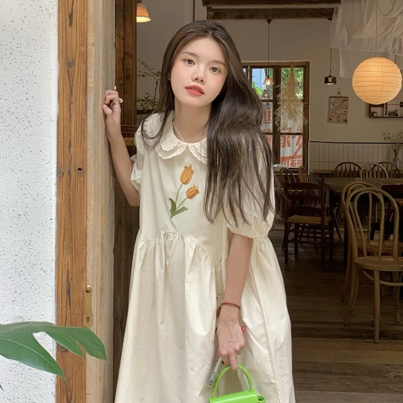 Japanese Sweet Lolita Dresses Women Summer Vintage Floral Embroidery Peter Pan Collar Dress Korean Preppy High Waist Vestidos