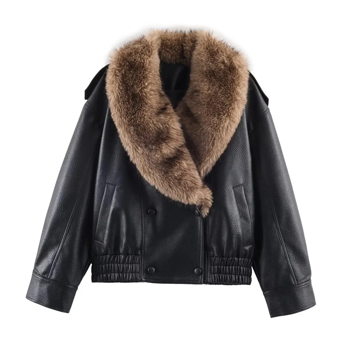 

KIDCRKJ Street winter Women Faux Leather Coat Detachable Fur Collar Female Motorcycle Jacket Minimalist Elatic Hem Lady Coat