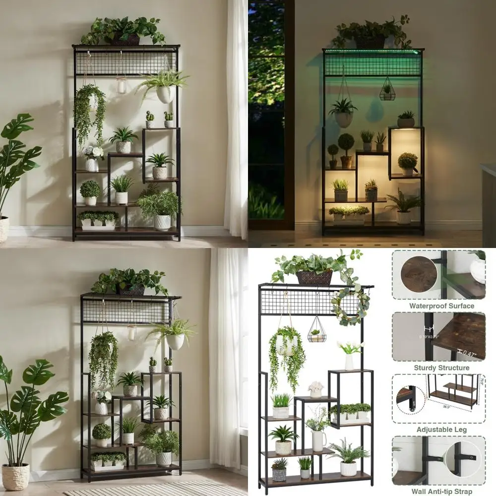7-Tier Indoor Metal Ladder Plant Stand with Tall Flower Rack and Grow Lights