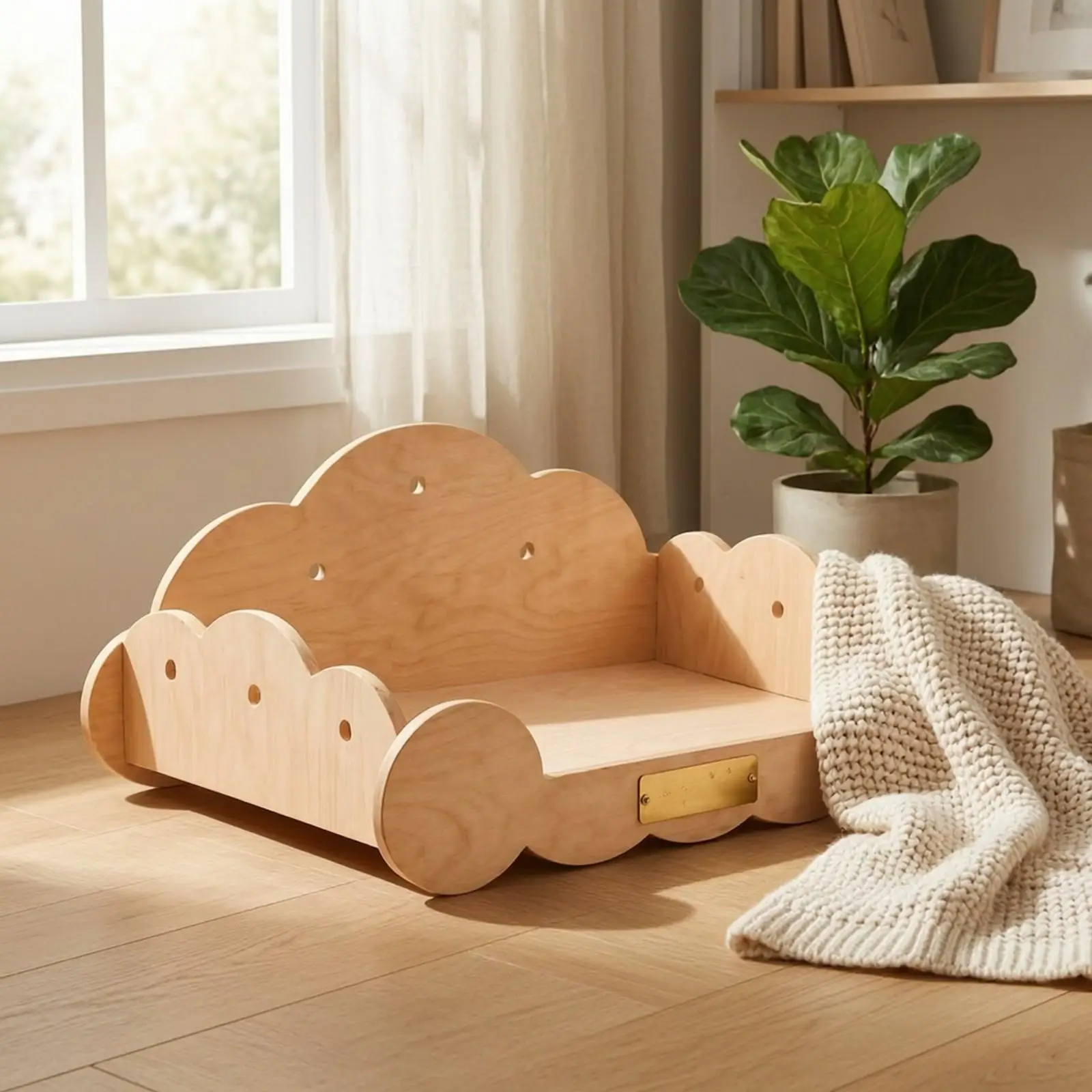 cumulusShaped Wooden Pet Bed Cute Wooden Cat Bed with Nameplate Cloud Silhouette Pet Nest Stable Decorative for Living Room