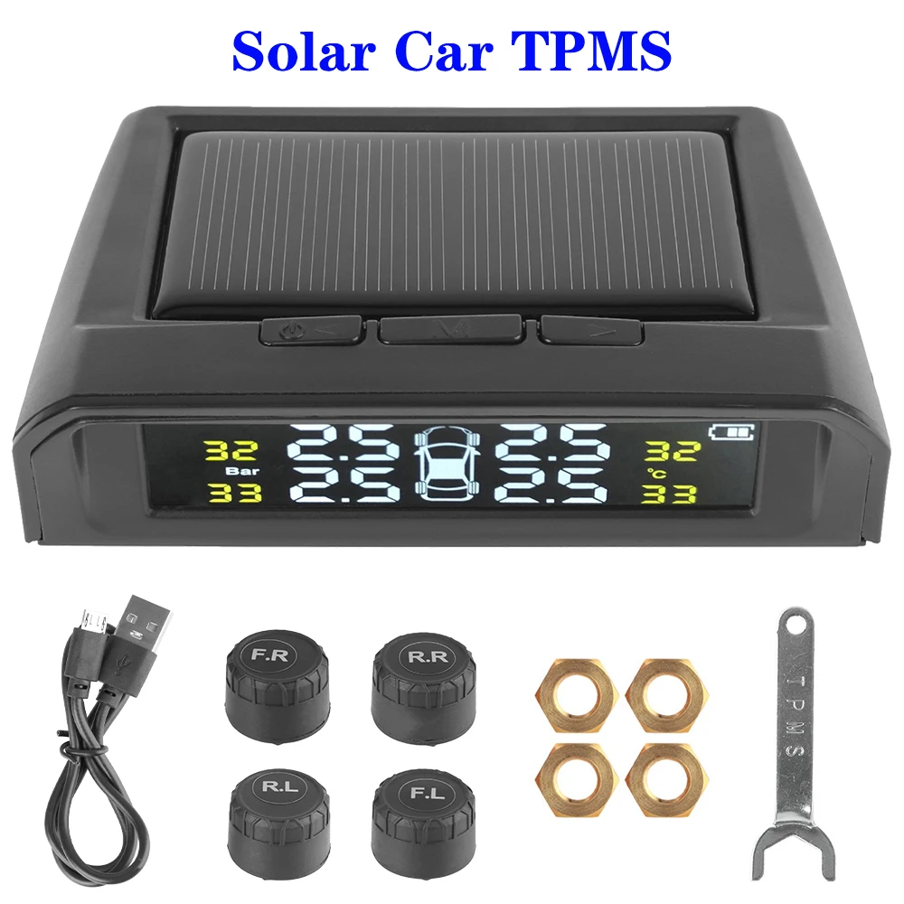 USB Solar Powered Car TPMS Wireless Tire Pressure System + 4 External Sensors LCD Display Intelligent Temperature Warning