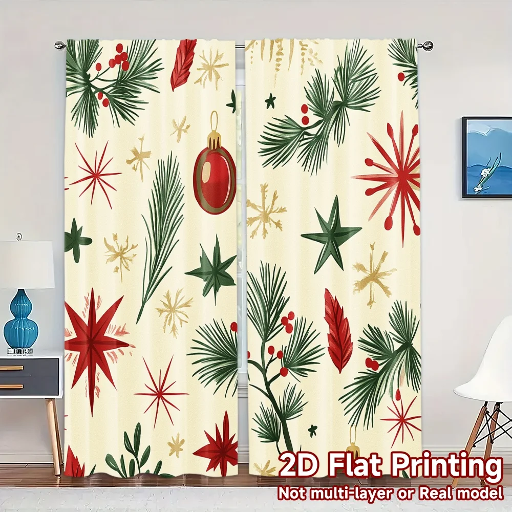 2pcs,Curtains Christmas Baubles Pine Branches Stars Popular Curtain Versatile Polyester Curtains Gifts Suitable for Grey,