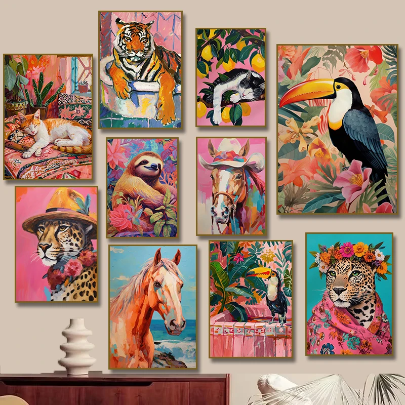 Bunte Tier-Poster: Tukan, Dschungelgärtchen, Rosa Leopard, Tiger, Pferd - Dopamin-Poster, Kunstdrucke auf Leinwand, Wandkunst für Zimmer und Heimdekoration
