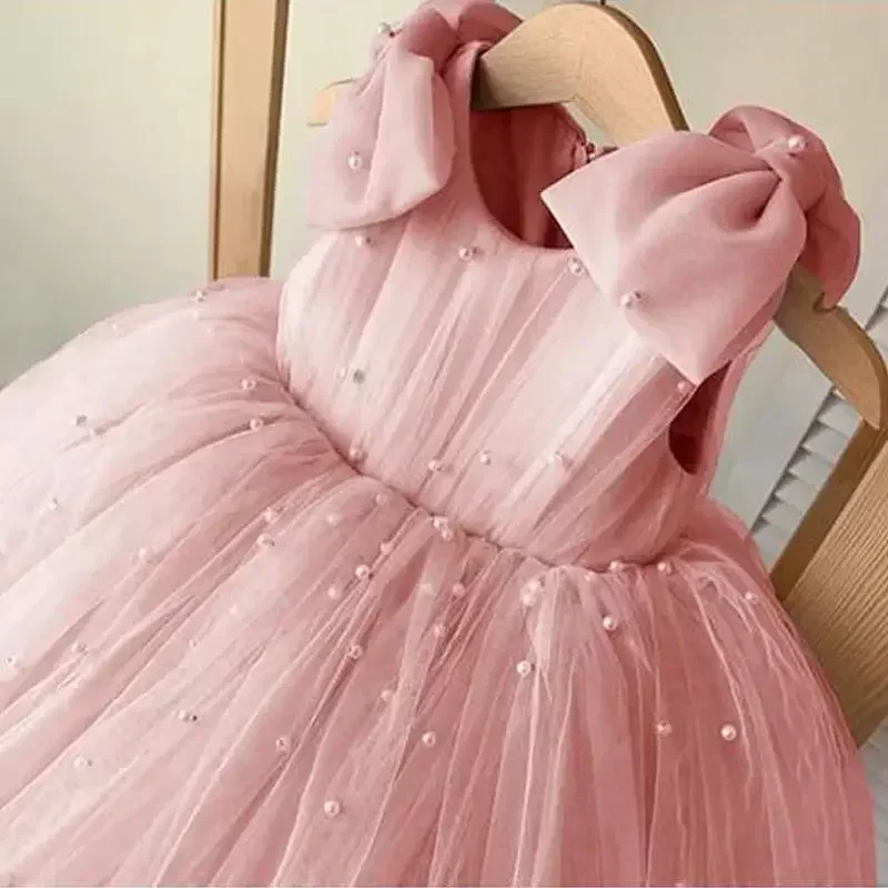 2024 princesa flor meninas vestido para casamento crianças rosa miçangas tule vestido de baile festa crianças vestidos cerimonia largo