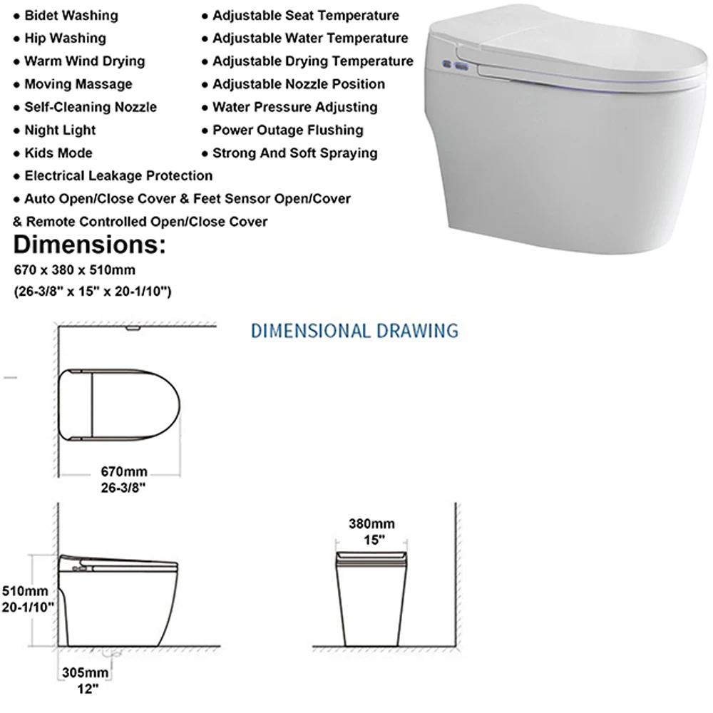 CUPC One Piece Smart S-Trap Toilet, 305mm Rough-in Sensor Bidet Toilet Remote Auto Open Close Seat