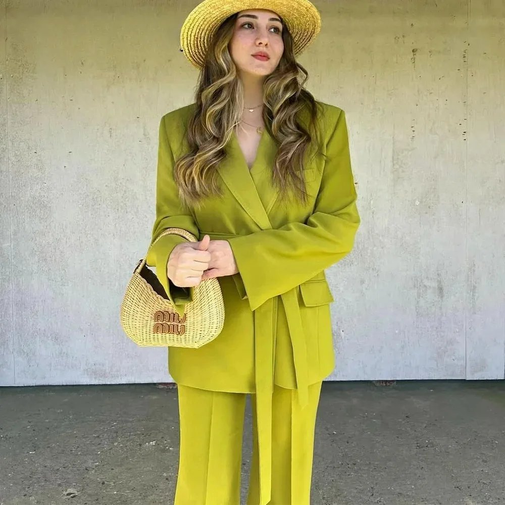2025 Fall Winter Elegant Green Office Lady Suits Fashion Sashes Single Breasted Straight Blazers Chic Flare Pants костюм