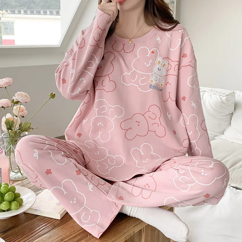 Conjunto de pijama de mangas compridas feminino, calças de algodão, terno doce para casa, estampa fofa, primavera, outono, inverno, novo