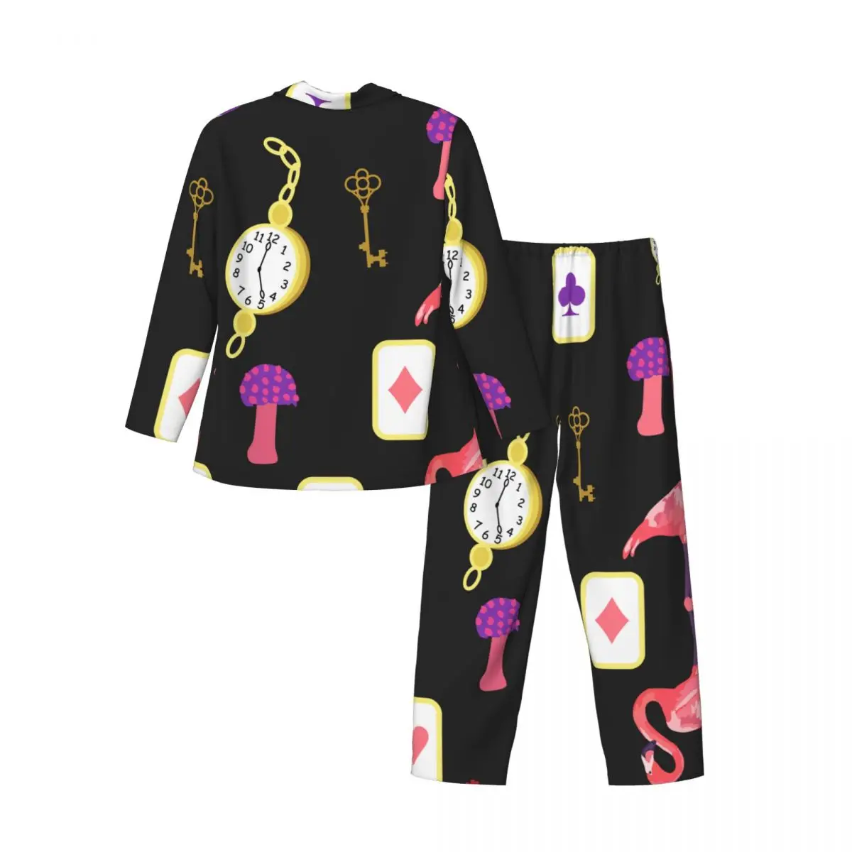 Men Pajamas Set of Autumn Winter Long-Sleeved Alice In Wonderland Cards Keys Cup Mushrooms Home Clothing Sleepwear 2PCS/Set