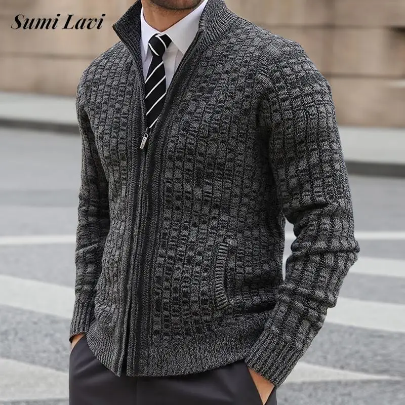 سليم صالح الرمز البريدي كم طويل متماسكة بالأزرار الرجال خريف شتاء عادية الوقوف طوق Sweatercoats رجالي موضة الحياكة سترة معطف