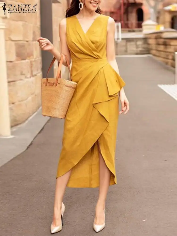 

Sexy Sleeveless V Neck Midi Dress ZANZEA Women Asymmetrical Dress Summer Irregular Ruffles Dress Party Collect Waist Long Robes