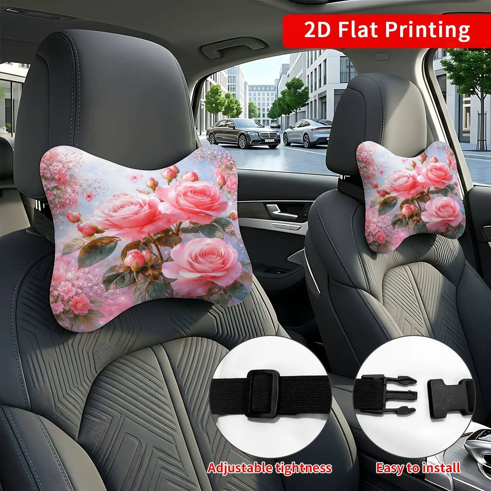 2pcs Rose Pink Floral Car Seat Headrest, Neck Support Cushion, Suitable For All Seasons Of Car Additions, Rose Pink Floral Theme
