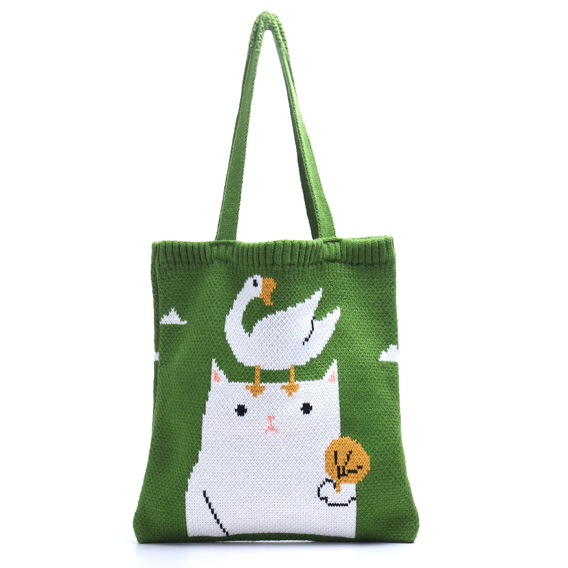 Cute Cartoon Duck Cat Wool Knitted Bag Autumn and Winter Tote Shopping Bag Ladies Large Capacity Soft Shoulder Bag Handbag