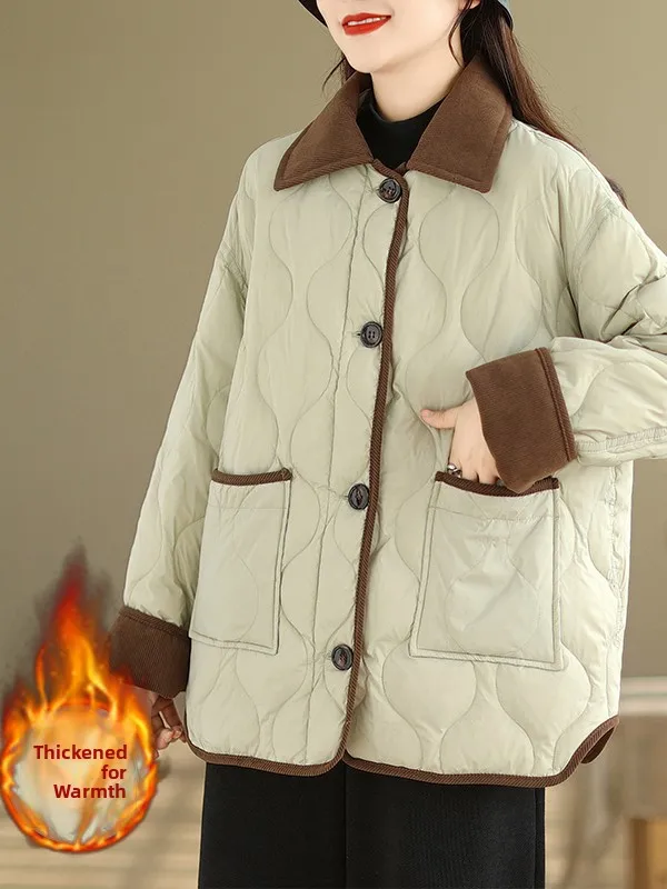 جايت قطني خفيف الوزن مع ألوان متباينة بنمط ألماس وياقة مقلوبة كاجوال للنساء في الشتاء... #5