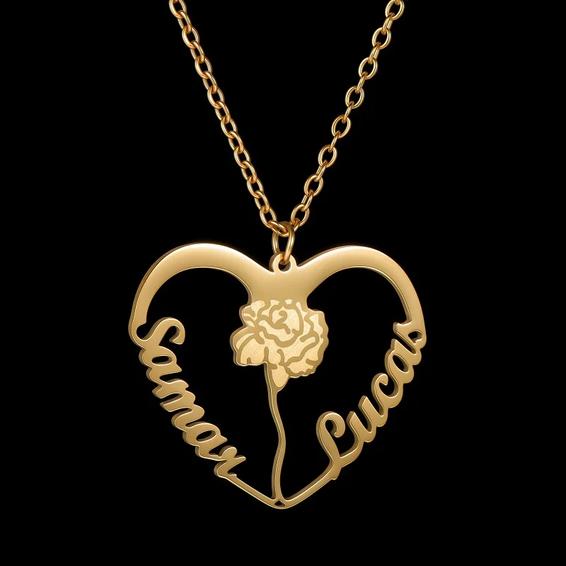 365 nome personalizado forma de coração nome colar de aço inoxidável personalizado gravado flor encantador pingente para mulheres meninas jóias