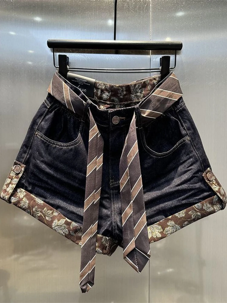 

American Style Blue Retro Denim Shorts High Waisted Print Slim Fit Splicing Pants Fashionable Versatile Casual Women's Shorts