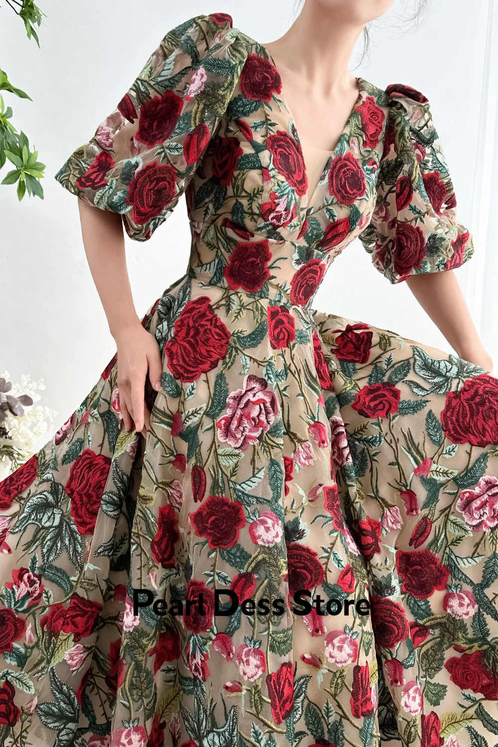 Vestido de fiesta con encaje Floral para mujer, prenda elegante con perlas, cuello en V, manga corta, 2024