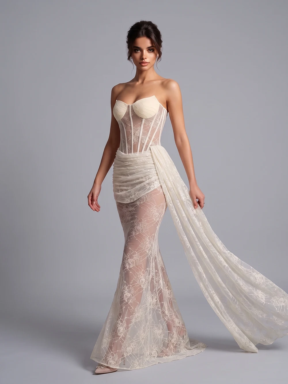 Modphy Elegant Strapless Lace Long Ribbon Wedding Dress Patchwork Vintage Floral Lace Bridal Gown Sheath Fitted Dresses