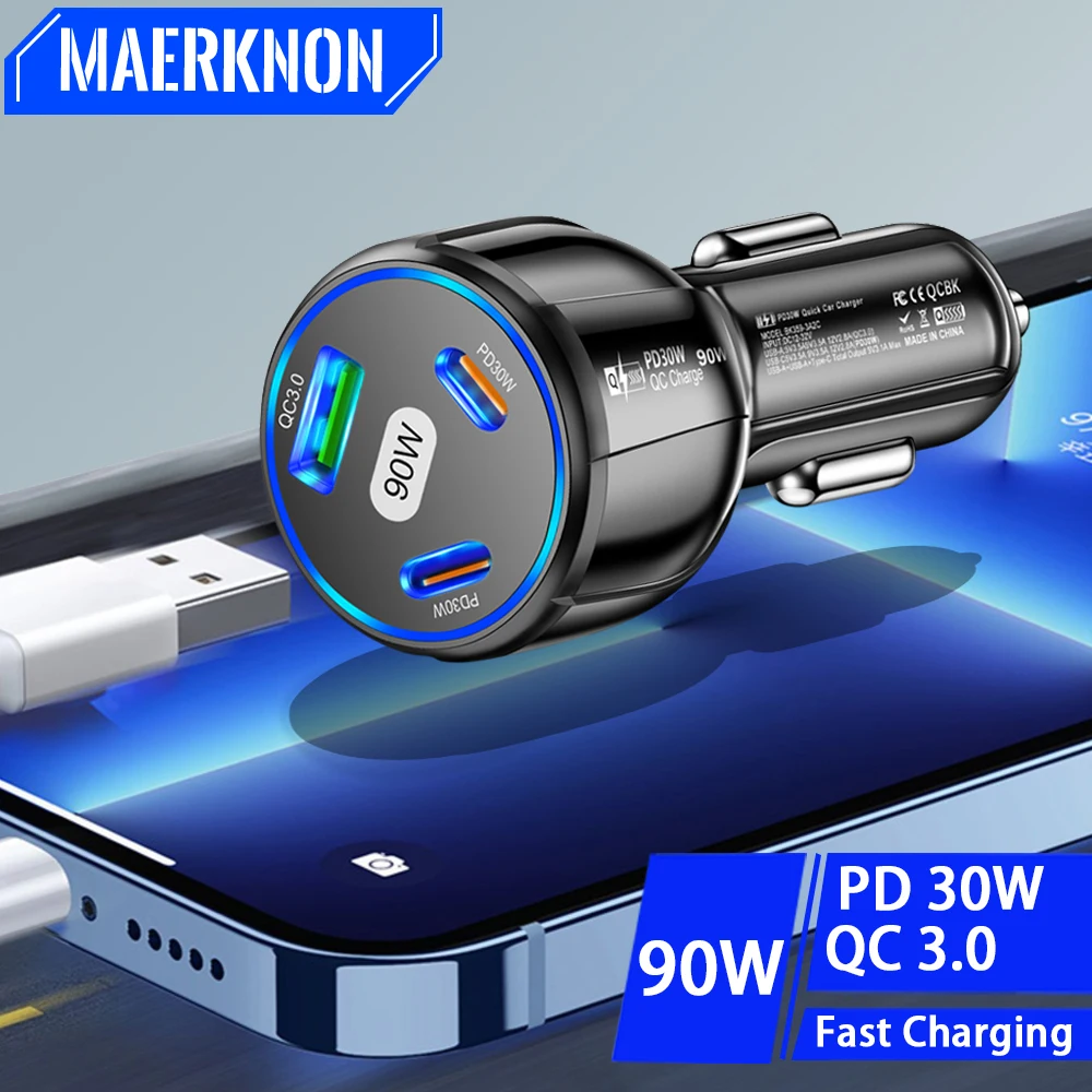 90W Car Charger USB Type C PD Fast Charging Quick Charger QC PD 3.0 For iPhone 15 14 Xiaomi 13 Samsung S22 Car Cigarette Lighter