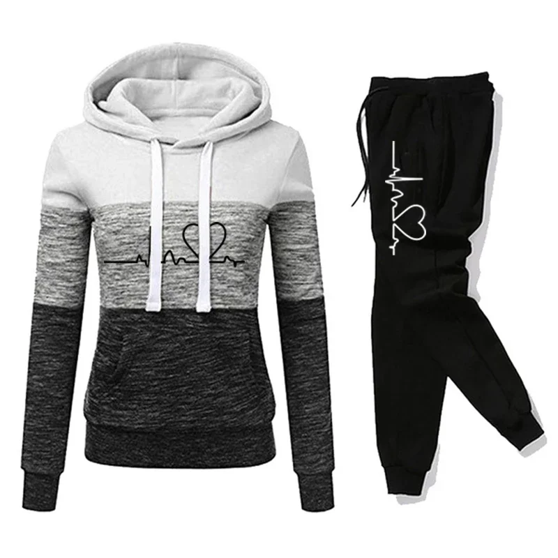 Women Tracksuit Printing Hooded Sweatshirt Sweatpant Color Block Versatile Casual Jogging Pullovers Sport Trousers Outfits S-3XL