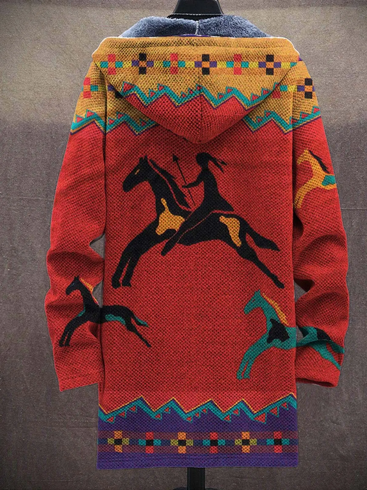 Colorblock Galloping Horse Art Pattern Printed Plush Thick Sweater Zipper Coat Hoodies Fleece Lined Full Zipper Sweater Coats