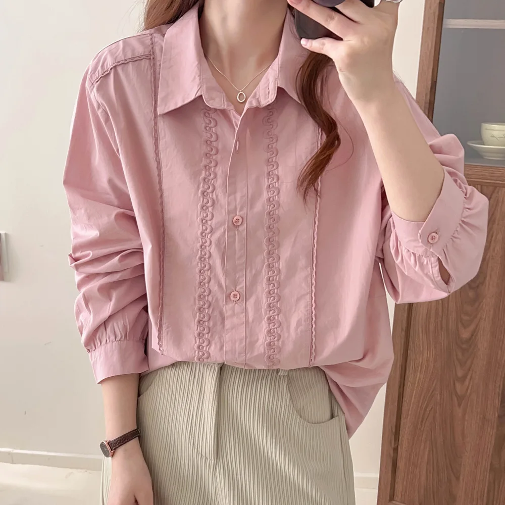 New Spring Cotton OL Shirt Women Lapel Neck Long Sleeve Solid Tops Girl Retro Literature Commute Blouse 2024 Autumn T45451QM