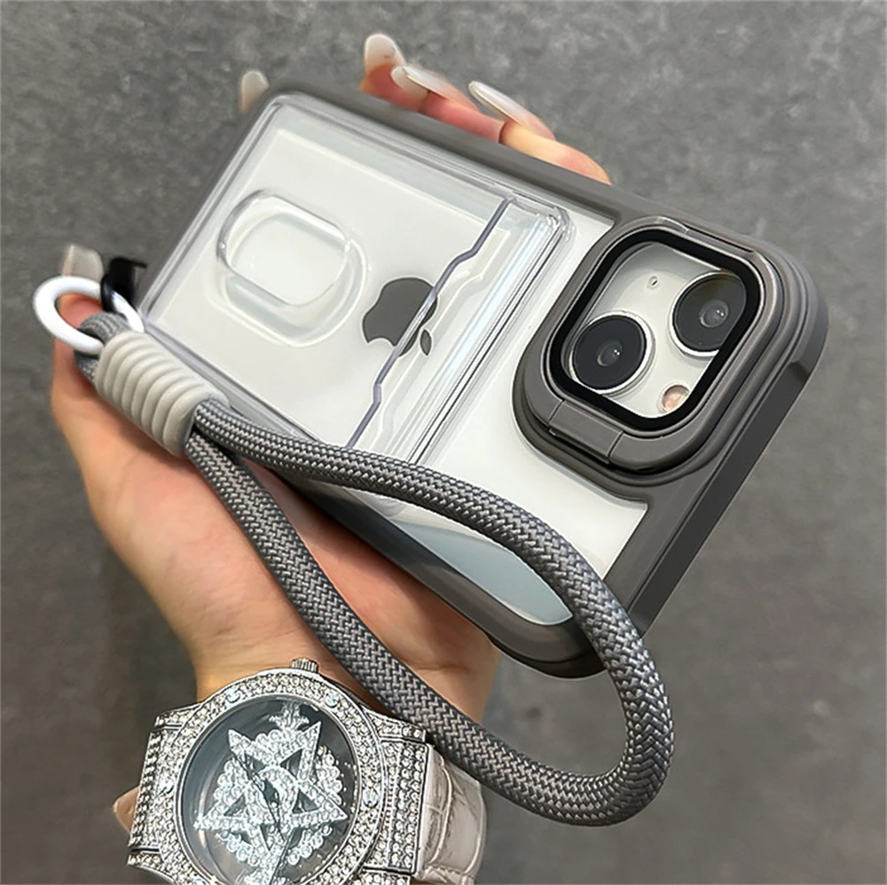 Acrylic Card Holder Fold Camera Bracket Clear Case for iPhone 16 15 14 13 12 11 Pro Max Plus Wrist Hand Strap Shockproof Cover